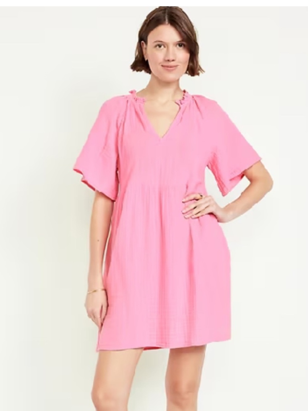 Old Navy Pink Cotton Gauze Mini Dress with Ruffled Neckline MEDIUM